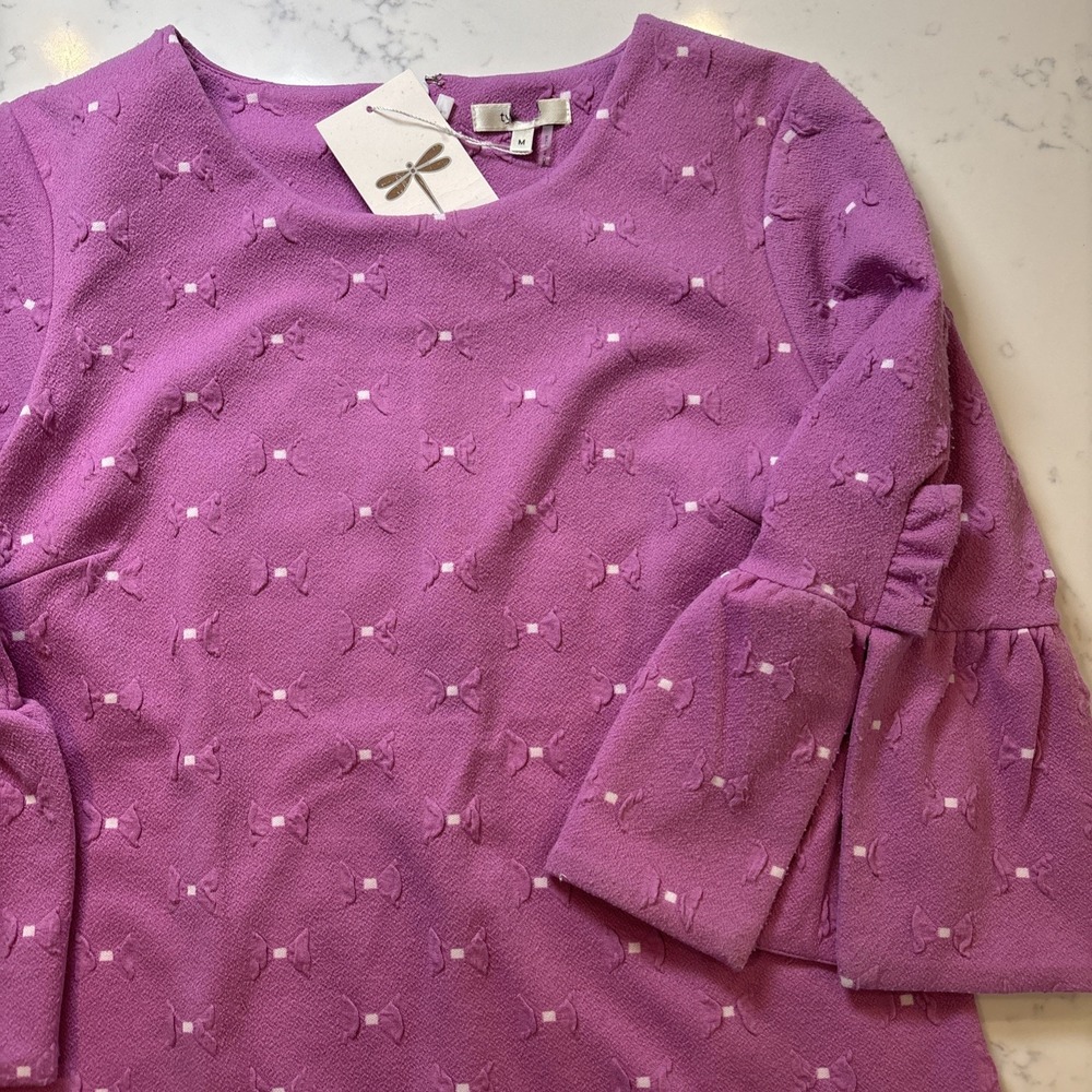 TYLER BOE 72205M Pink Bow tie-Lotus/WH  AlineFlare Sleeve Dress‎ SZ MED NEW Tags